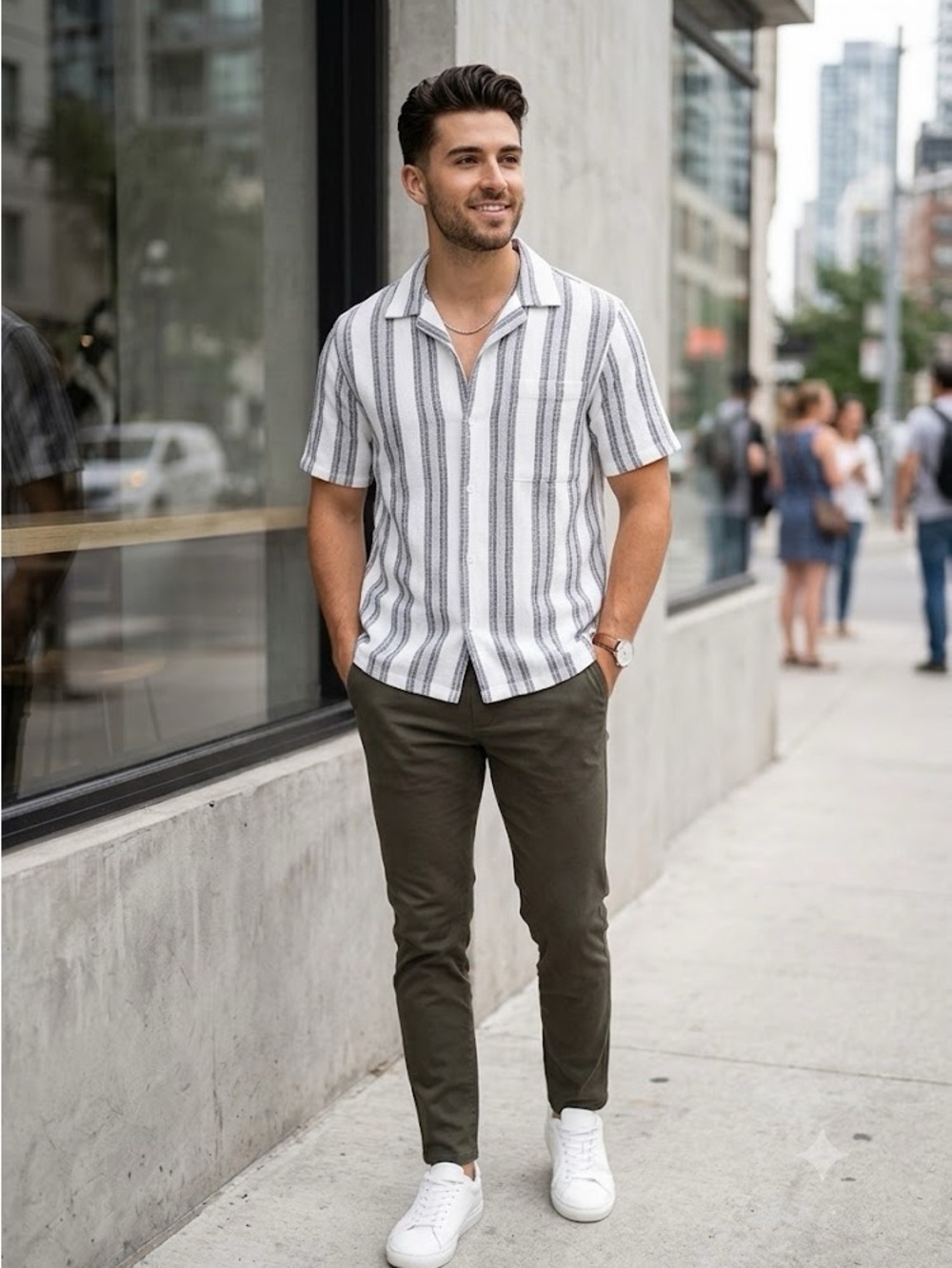 No Boundaries Men's Texture Short-Sleeve Vertical Stripe Shirt - White & Grey